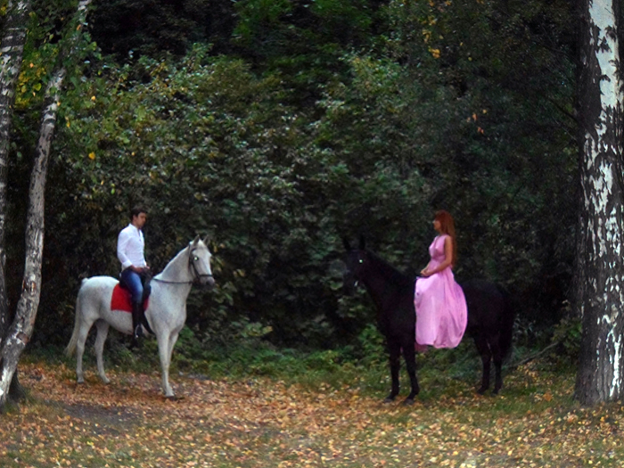 На фотографии мужчина на белой лошади, а девушка на тёмно-гнедой